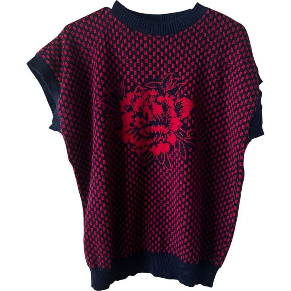 C.S.T. Vintage Oversized Sweater, Red Black Floral Rose, Crew Neck, Short Sleeve - Picture 1 of 5